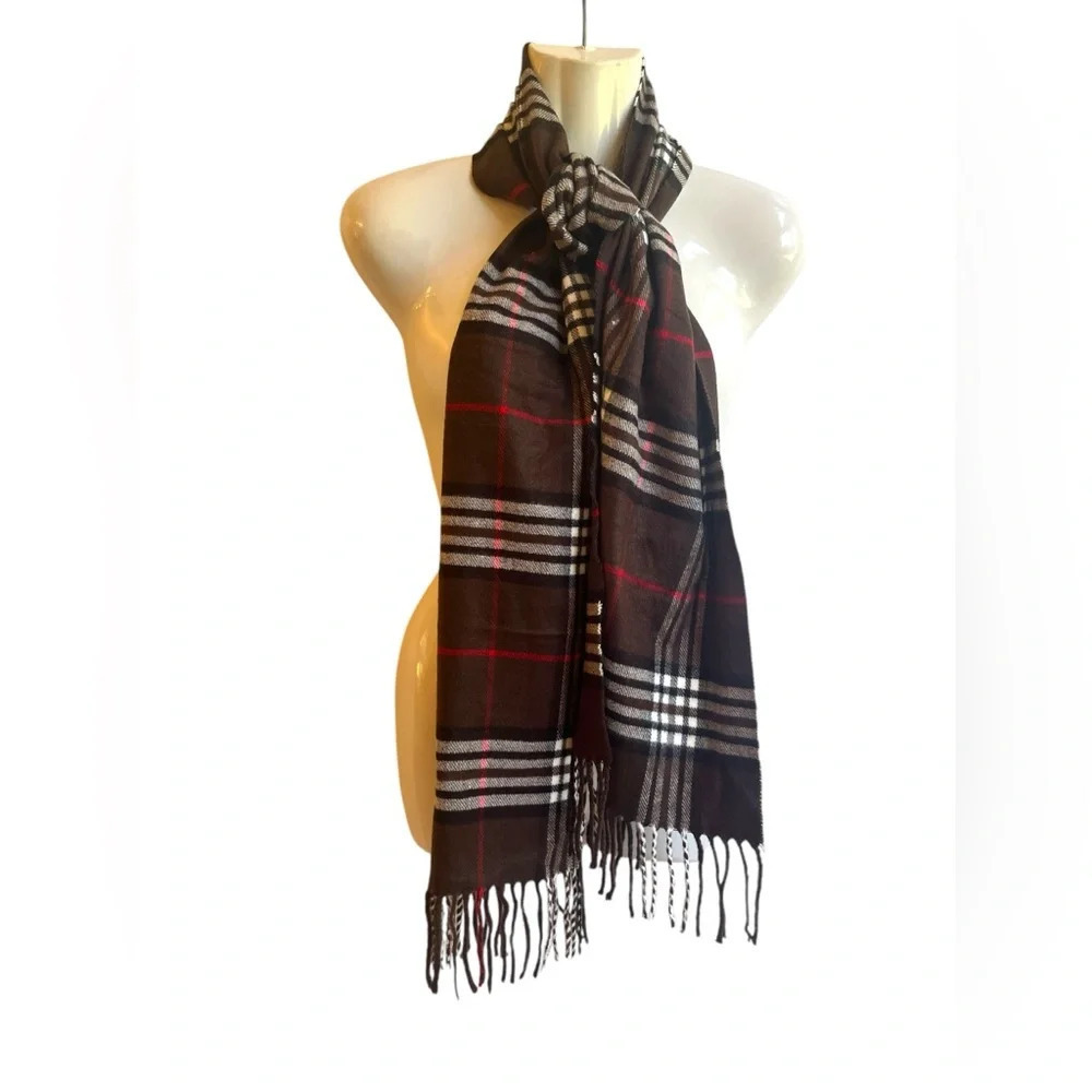 Italy Design Brown Plaid Cashmere Blend Fringe Scarf 12X54’